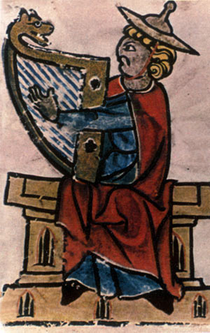 Lévite s'accompagnant à la harpe. Allemagne, miniature du XIVème siècle.